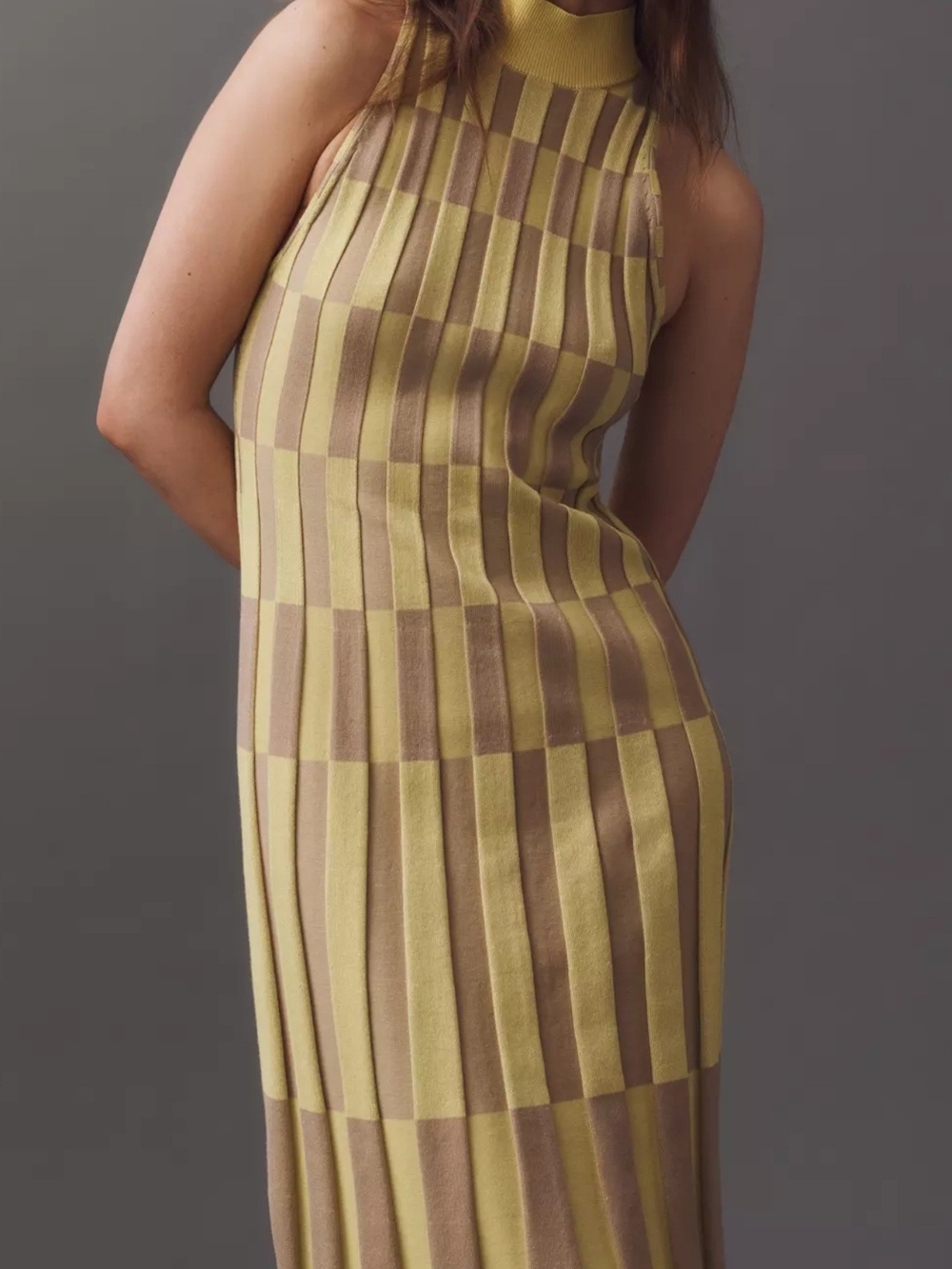 Anthropologie Yellow & Brown Checker Midi Knit Dress